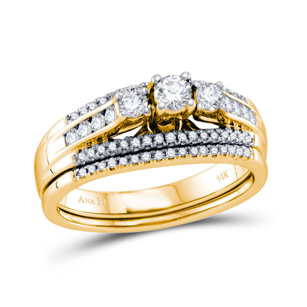 14k Yellow Gold Womens Round 3-stone Diamond Wedding Bridal Engagement Ring Band Set 1/2 Cttw