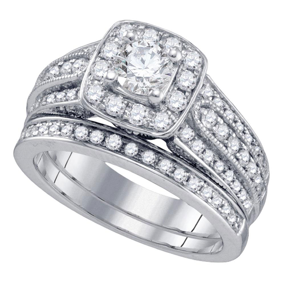 14kt White Gold Womens Round Diamond Halo Bridal Wedding Engagement Ring Band Set 1-1/2 Cttw