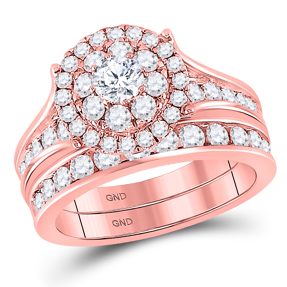 14kt Rose Gold Womens Round Diamond Bridal Wedding Engagement Ring Band Set 1-3/4 Cttw