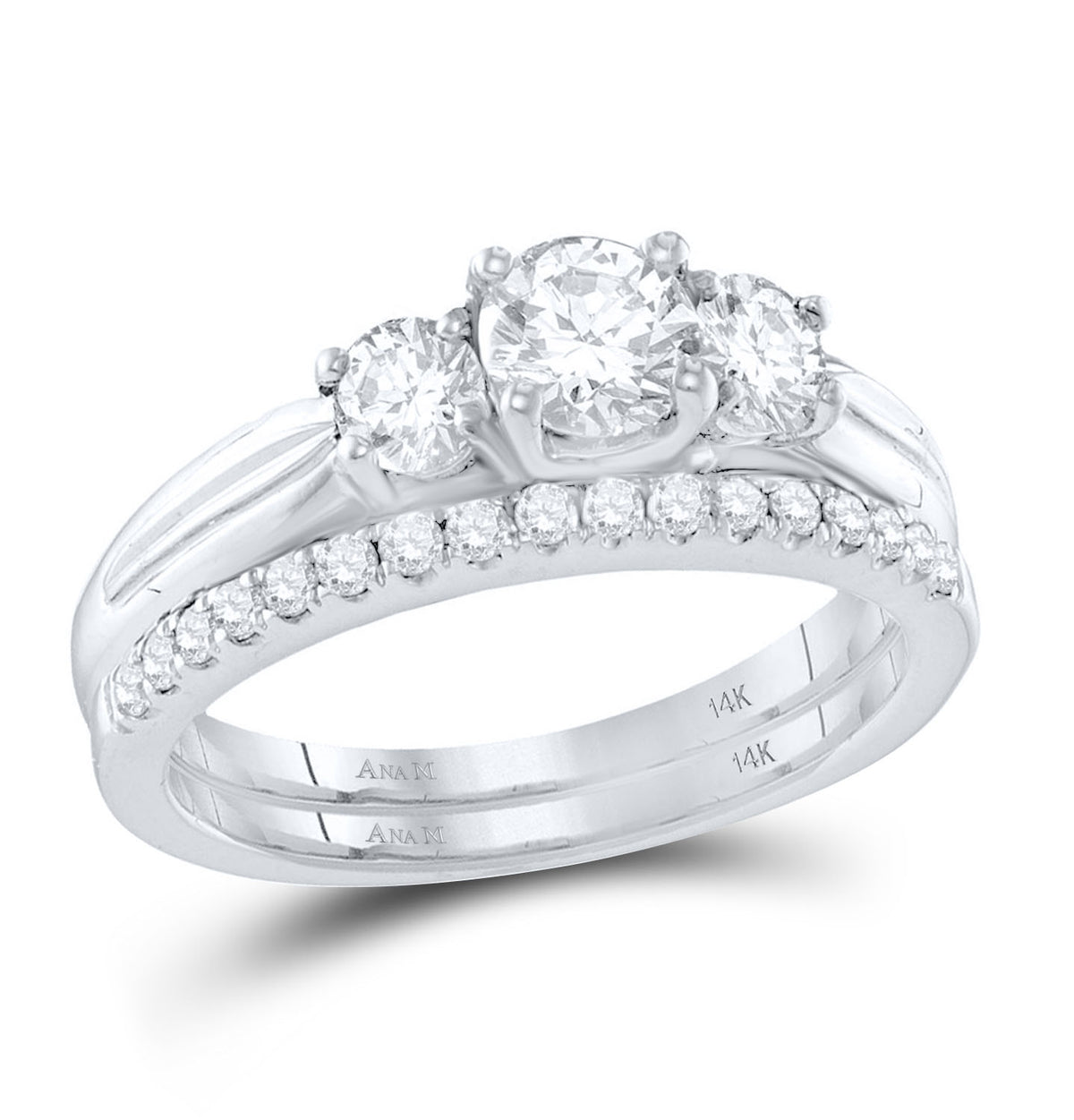 14kt White Gold Womens Round Diamond 3-Stone Bridal Wedding Engagement Ring Band Set 1.00 Cttw