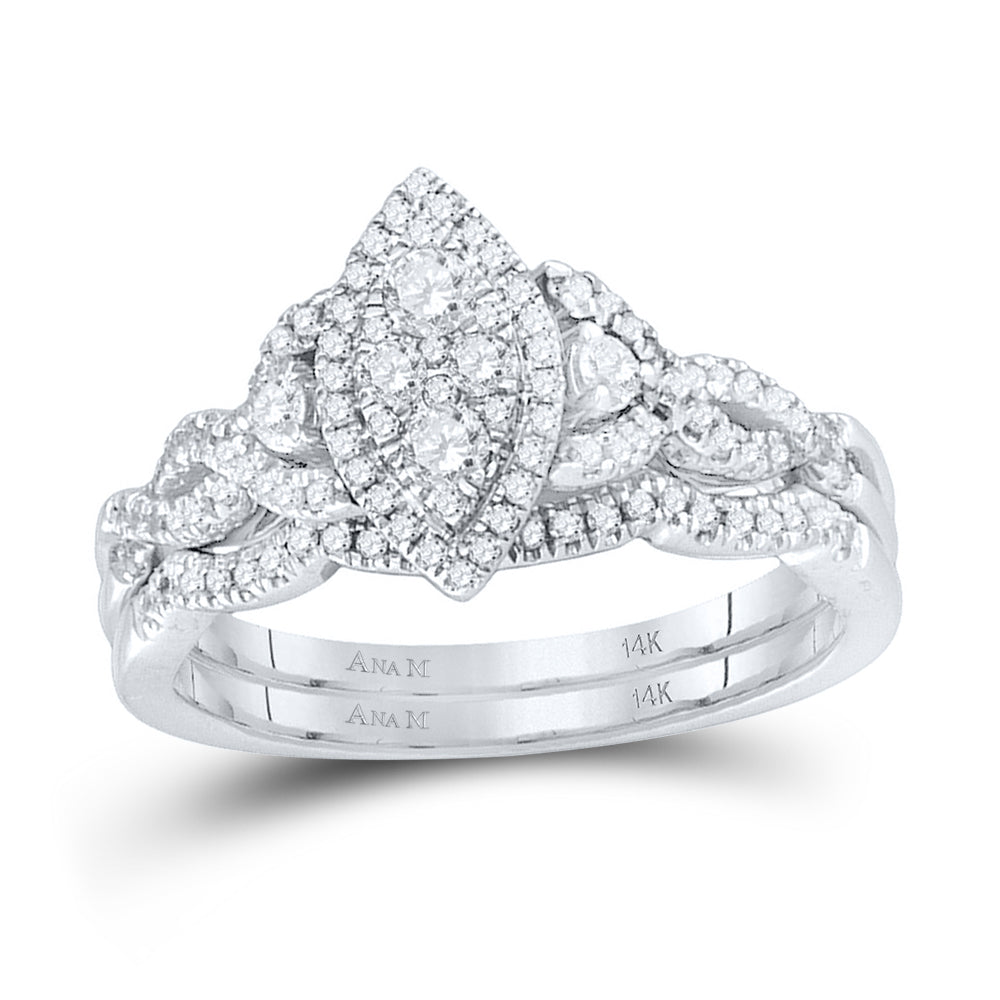 14k White Gold Round Diamond Marquise-shape Cluster Womens Wedding Bridal Ring Set 1/2 Cttw