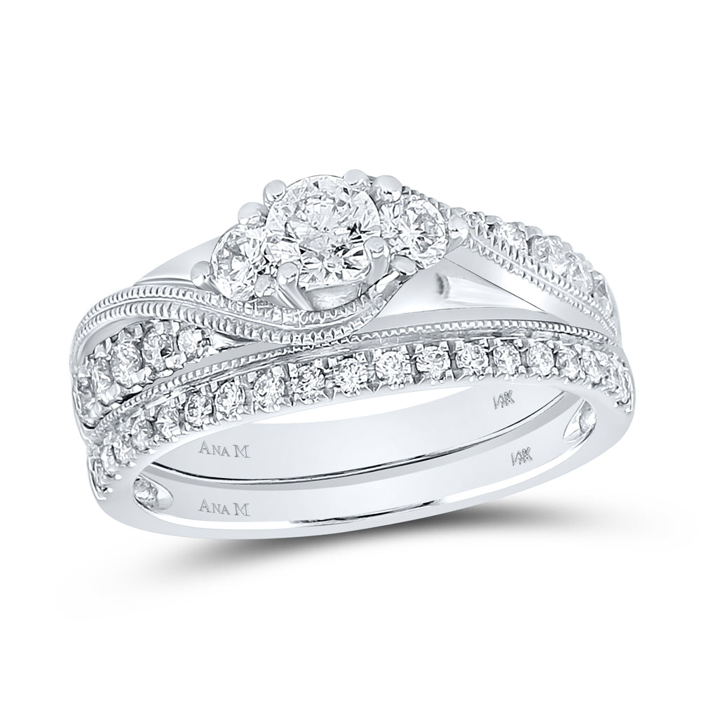 14kt White Gold Womens Round Diamond 3-Stone Bridal Wedding Engagement Ring Band Set 7/8 Cttw
