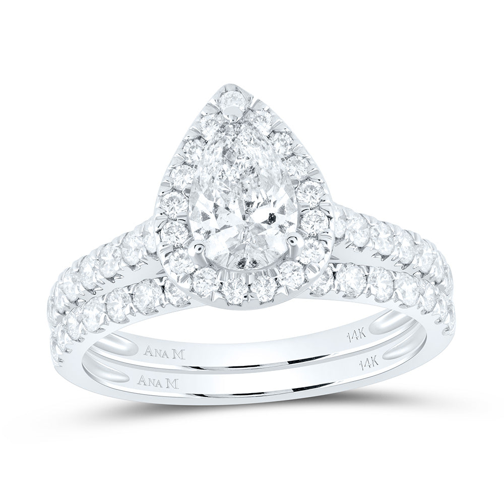 14kt White Gold Womens Pear Diamond Bridal Wedding Engagement Ring Band Set 1-1/2 Cttw (Certified)