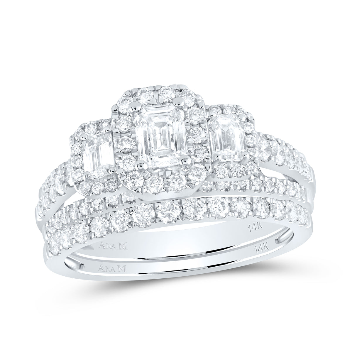 14kt White Gold Womens Emerald Diamond Bridal Wedding Engagement Ring Band Set 1-1/2 Cttw (Certified)