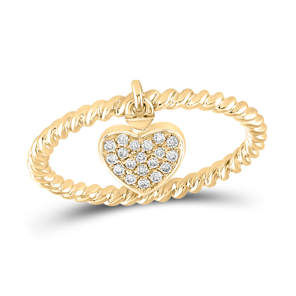 10kt Yellow Gold Womens Round Diamond Heart Dangle Rope Stackable Band Ring 1/10 Cttw