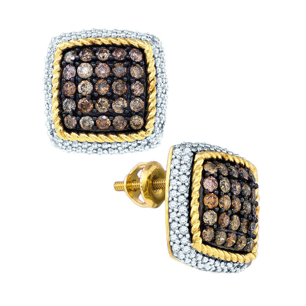 10kt Yellow Gold Womens Round Brown Diamond Square Rope Frame Earrings 1-1/4 Cttw