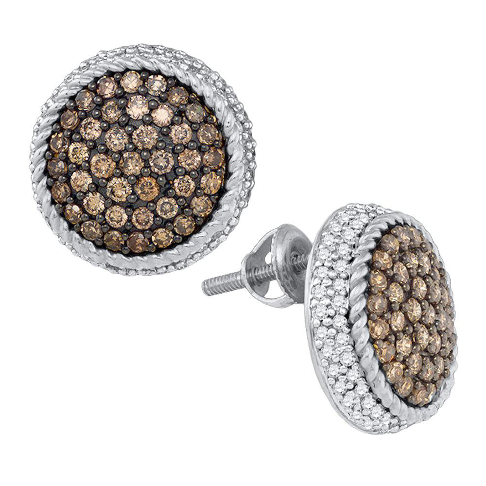 10kt White Gold Womens Round Brown Diamond Roped Cluster Screwback Earrings 1-1/3 Cttw
