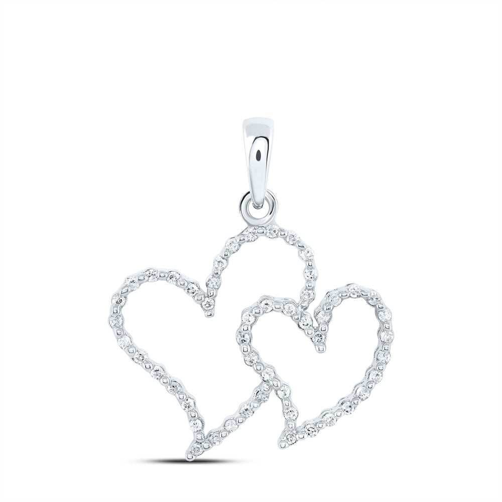 10kt White Gold Womens Round Diamond Double Heart Outline Pendant 1/5 Cttw
