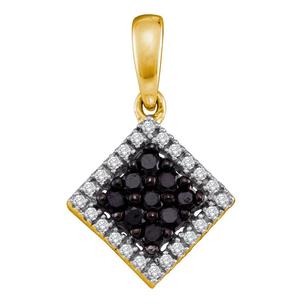 10kt Yellow Gold Womens Round Black Color Enhanced Diamond Diagonal Square Frame Pendant 1/3 Cttw