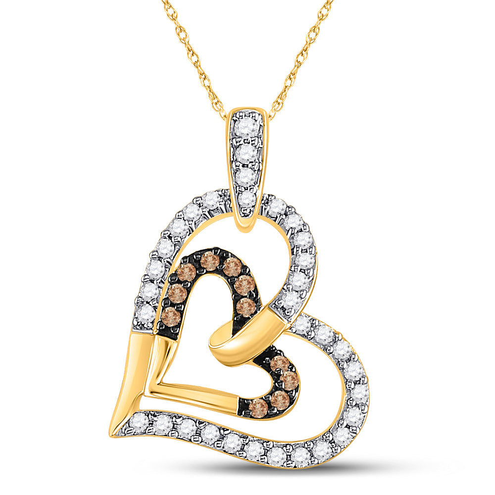 10kt Yellow Gold Womens Round Brown Diamond Heart Pendant 1/3 Cttw