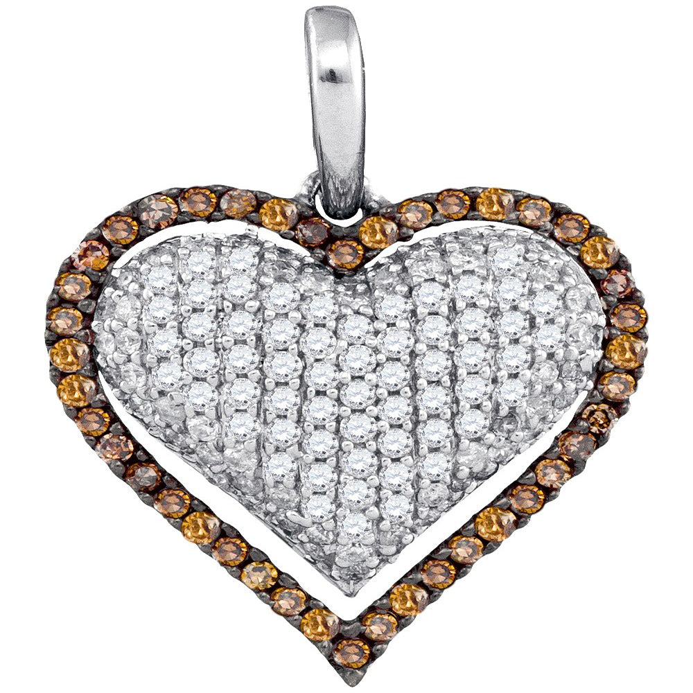 10kt White Gold Womens Round Brown Diamond Outline Heart Pendant 7/8 Cttw