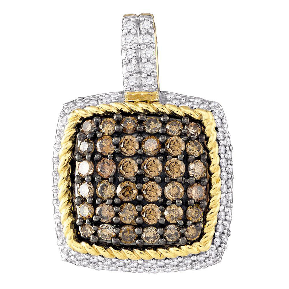 10kt Yellow Gold Womens Round Brown Diamond Square Cluster Pendant 3/4 Cttw