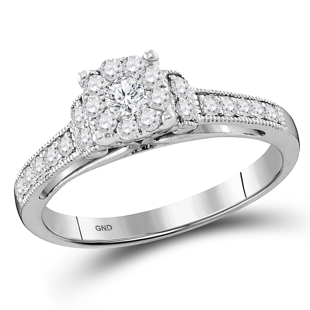 10kt White Gold Womens Round Diamond Cluster Milgrain Bridal Wedding Engagement Ring 3/8 Cttw