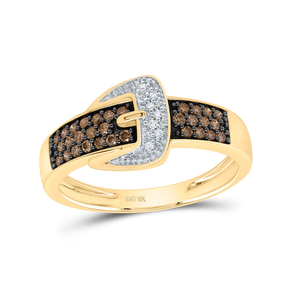 10k Yellow Gold Brown Diamond Belt Buckle Band Ring 1/4 Cttw