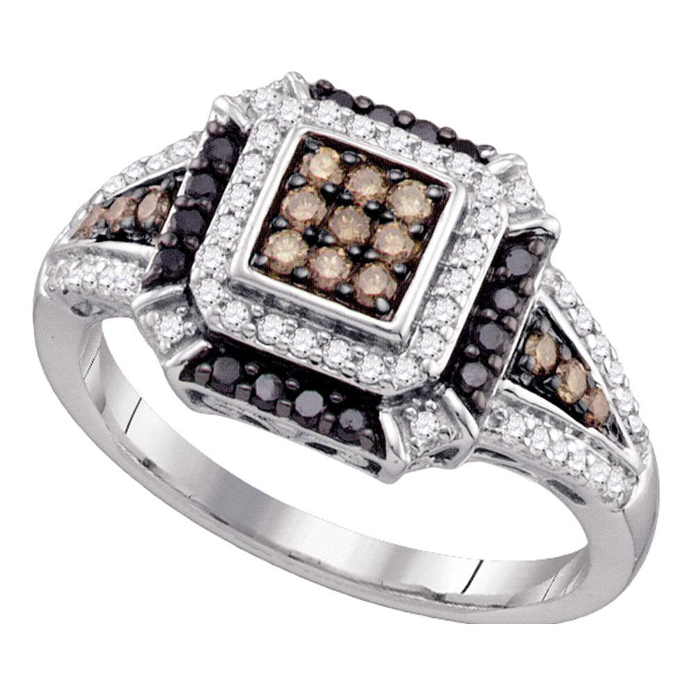 10kt White Gold Womens Round Brown Diamond Cluster Ring 1/2 Cttw