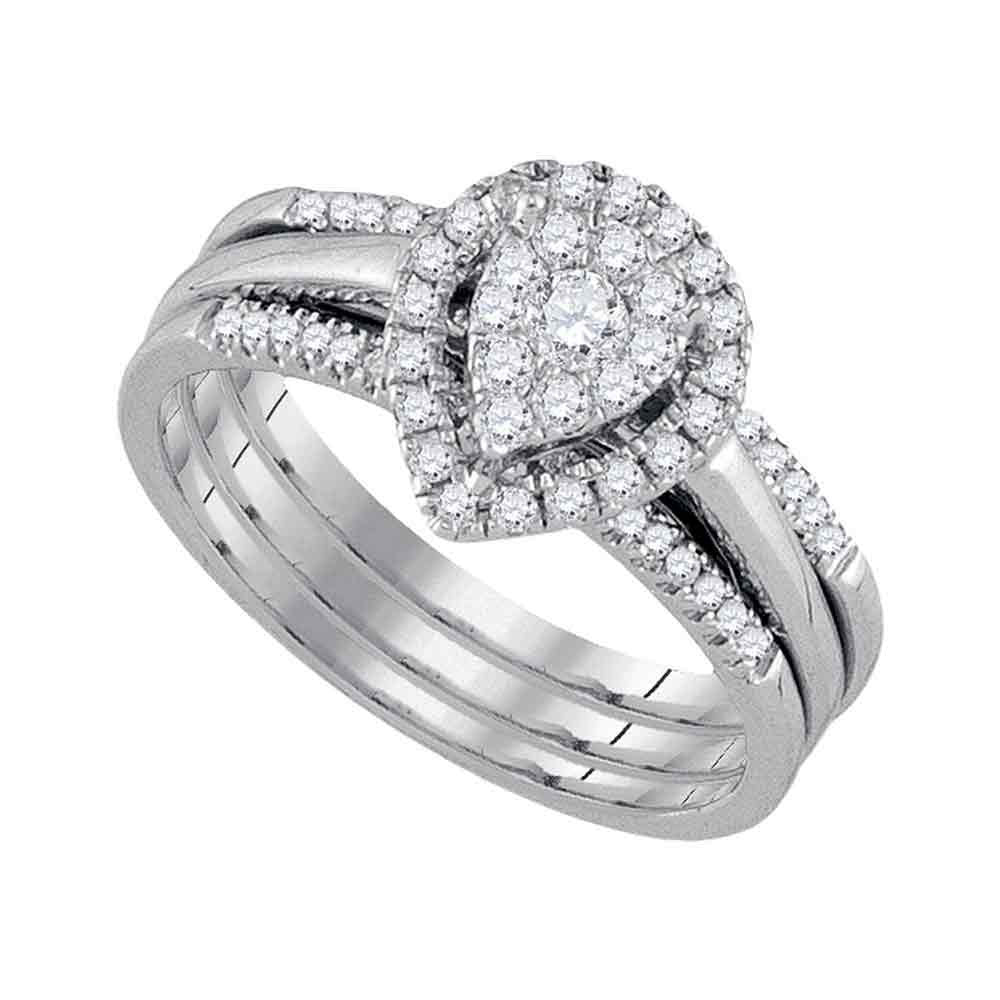 10kt White Gold Womens Round Diamond Teardrop Cluster 3-Piece Bridal Wedding Engagement Ring Band Set 1/2 Cttw