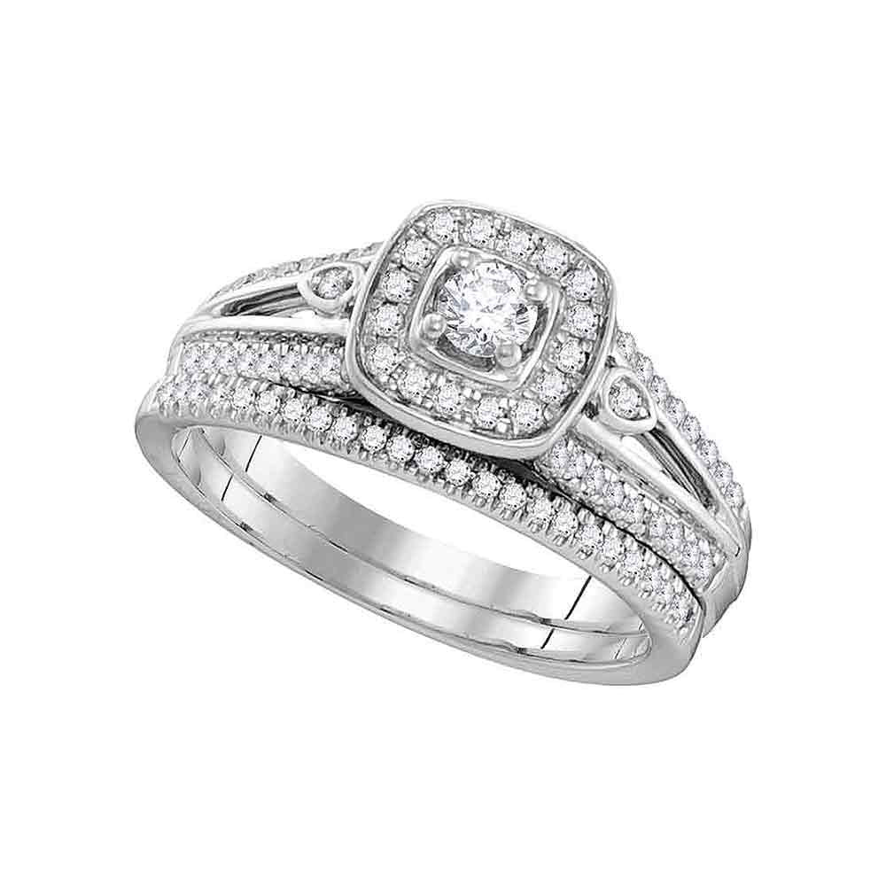 10k White Gold Womens Round Diamond Halo Bridal Wedding Engagement Ring Band Set 1/2 Cttw