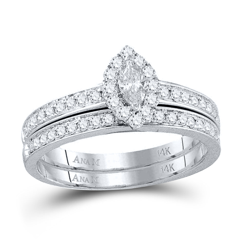 14kt White Gold Womens Marquise Diamond Bridal Wedding Engagement Ring Band Set 5/8 Cttw