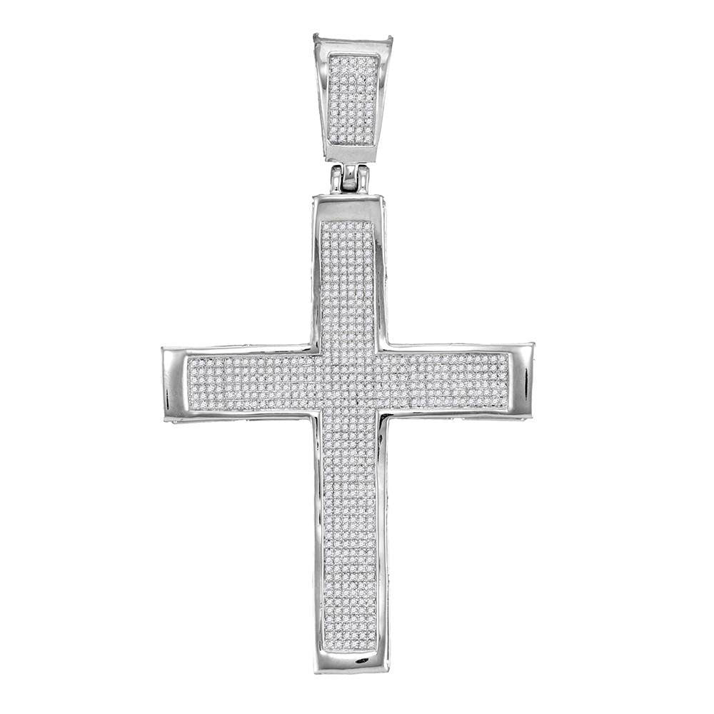 10kt White Gold Mens Round Diamond Roman Cross Charm Pendant 1-3/8 Cttw