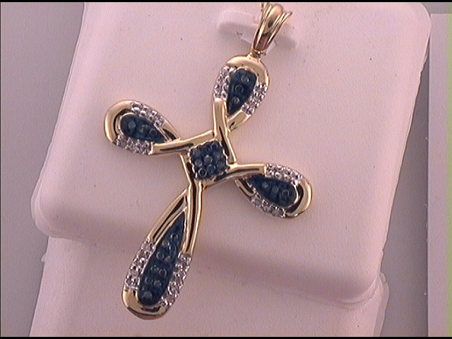 10kt Yellow Gold Womens Color Enhanced Blue Diamond Cross Fashion Pendant 1/5 Cttw