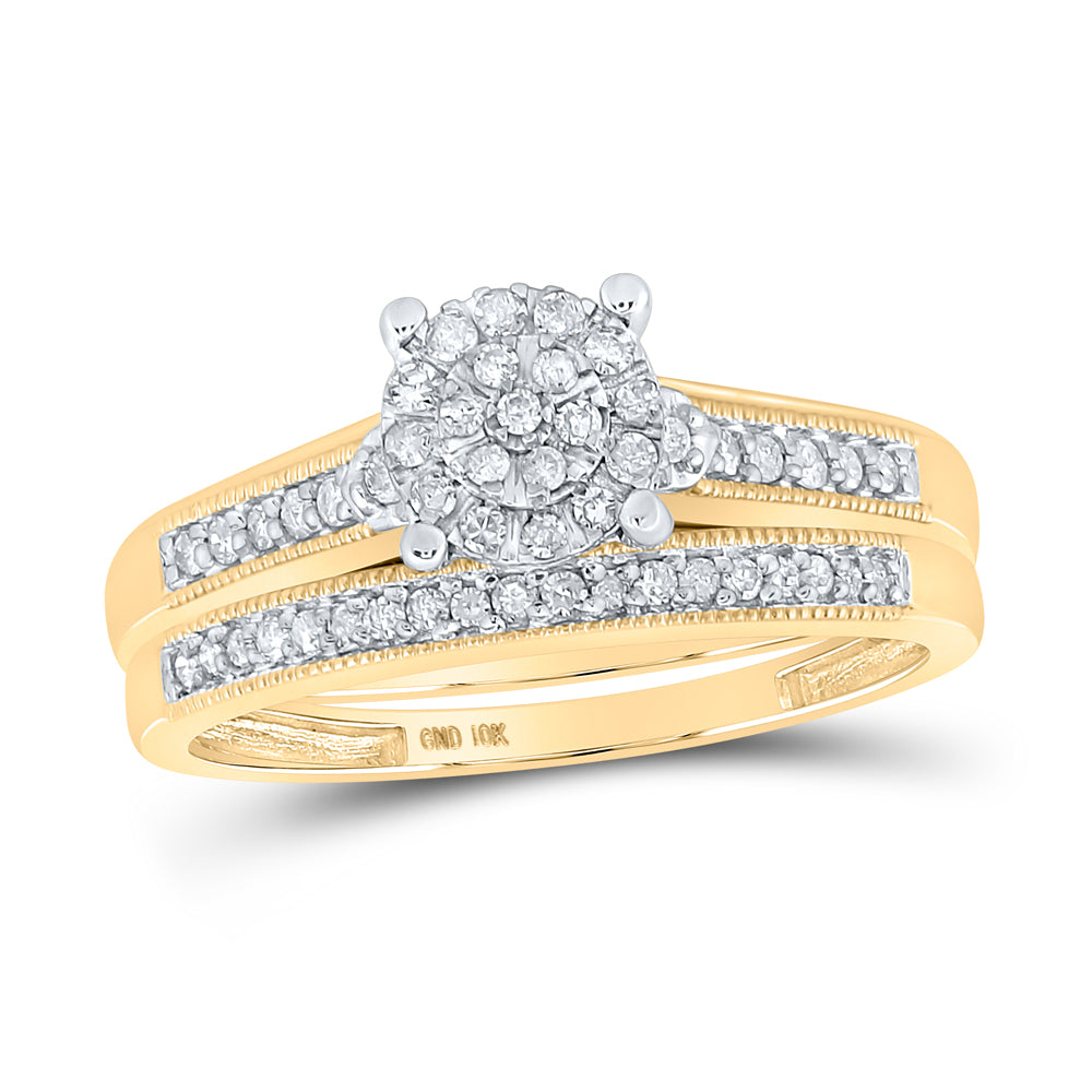 10kt Yellow Gold His & Hers Round Diamond Cluster Matching Bridal Wedding Ring Band Set 3/8 Cttw