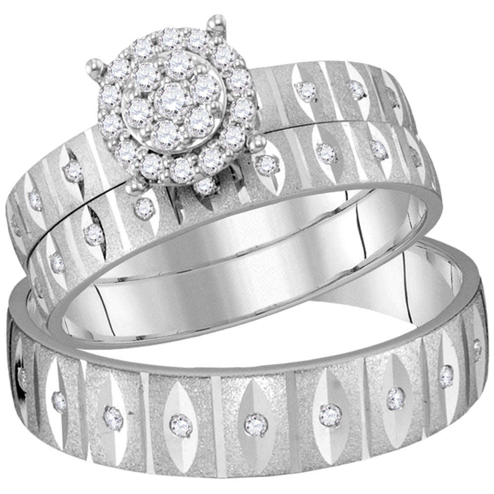 14kt White Gold His & Hers Round Diamond Cluster Matching Bridal Wedding Ring Band Set 1/3 Cttw