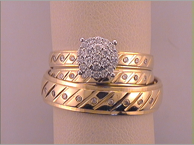14kt Yellow Gold His & Hers Round Diamond Cluster Matching Bridal Wedding Ring Band Set 1/3 Cttw