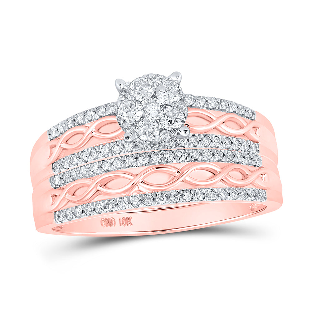 10kt Rose Gold His & Hers Round Diamond Cluster Twist Matching Bridal Wedding Ring Band Set 1.00 Cttw