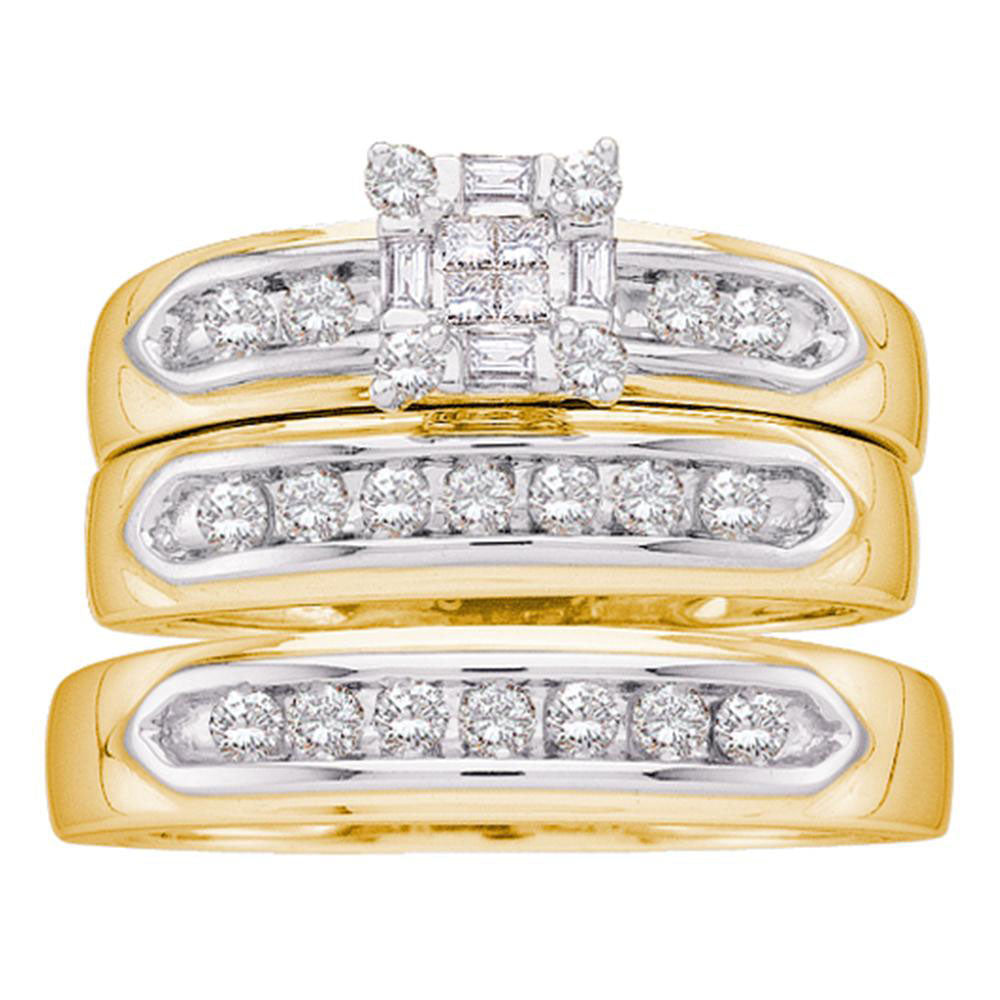 14kt Yellow Gold His Hers Princess Diamond Cluster Matching Bridal Wedding Ring Band Set 1/2 Cttw
