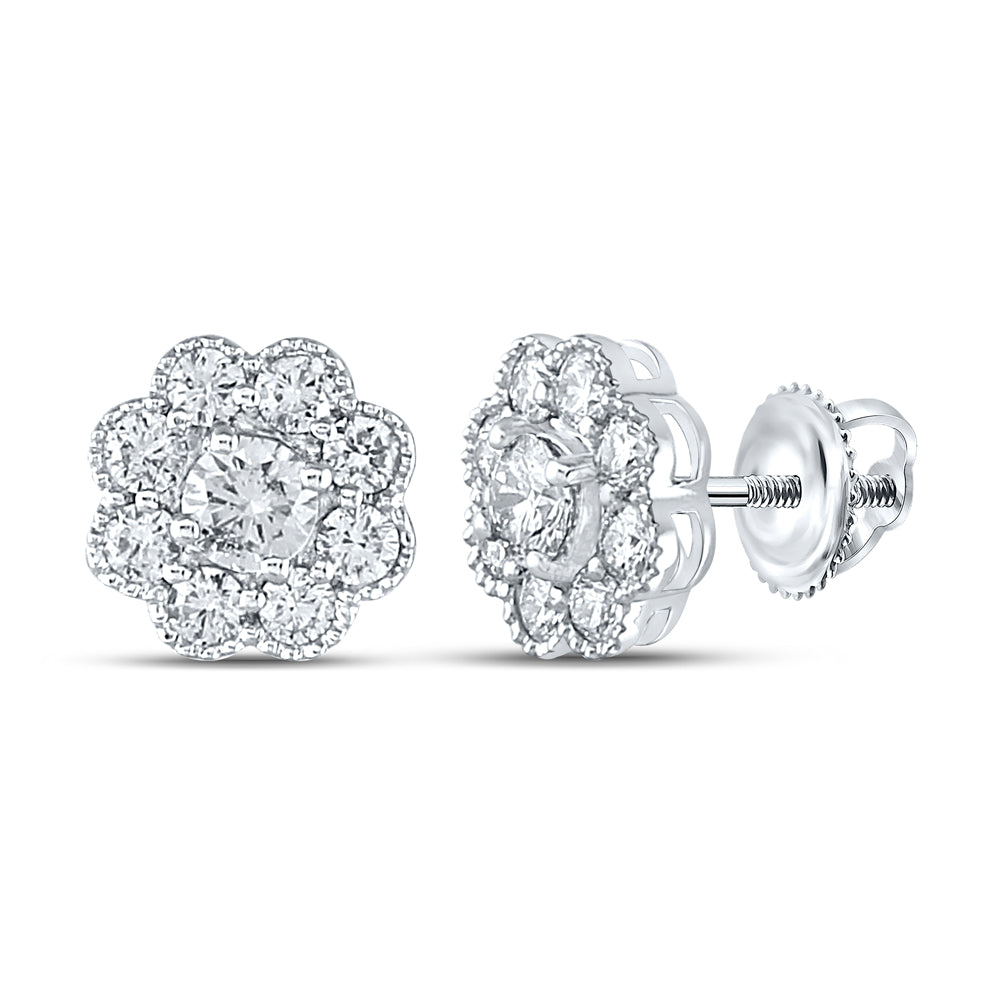 14kt White Gold Womens Round Diamond Flower Cluster Stud Earrings 1.00 Cttw