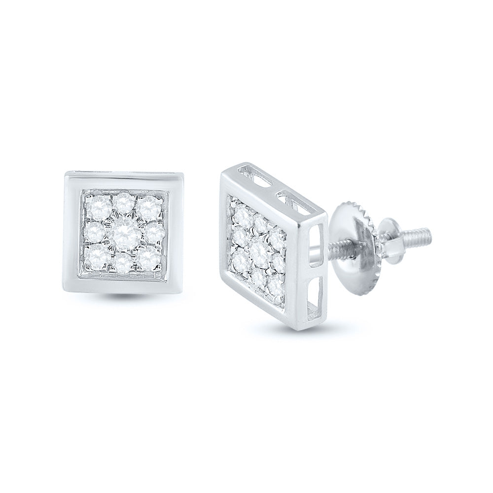 14kt White Gold Mens Round Diamond Square Earrings 1/3 Cttw