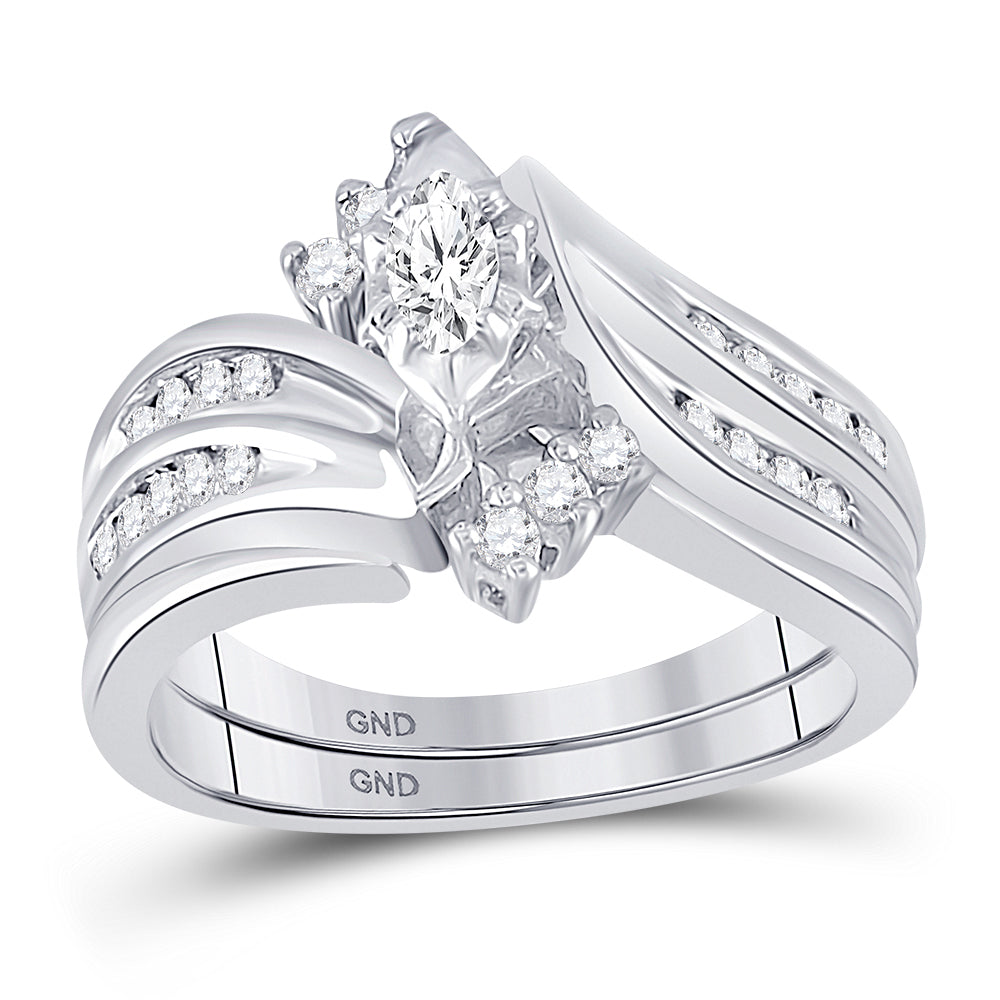 14kt White Gold Womens Marquise Diamond Bridal Wedding Engagement Ring Band Set 1/2 Cttw