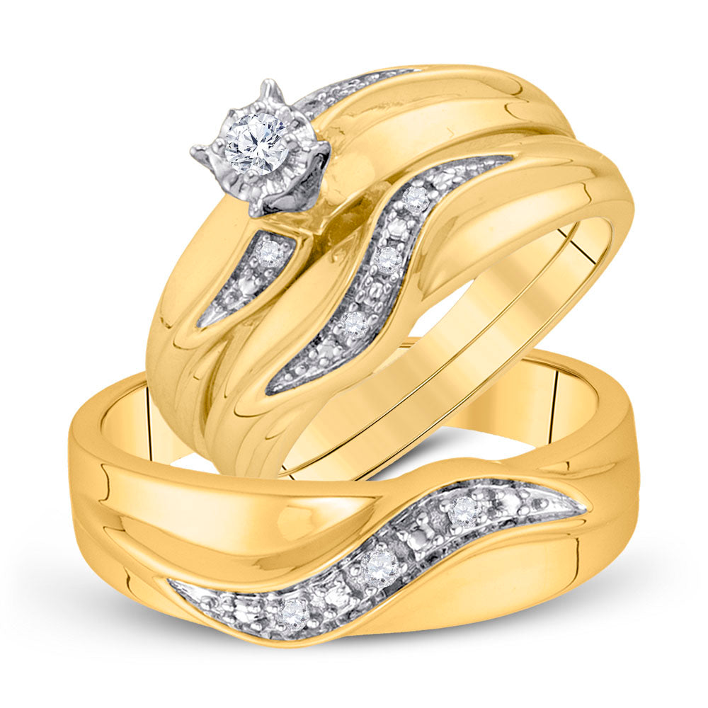 10kt Yellow Gold His Hers Round Diamond Solitaire Matching Bridal Wedding Ring Band Set 1/6 Cttw