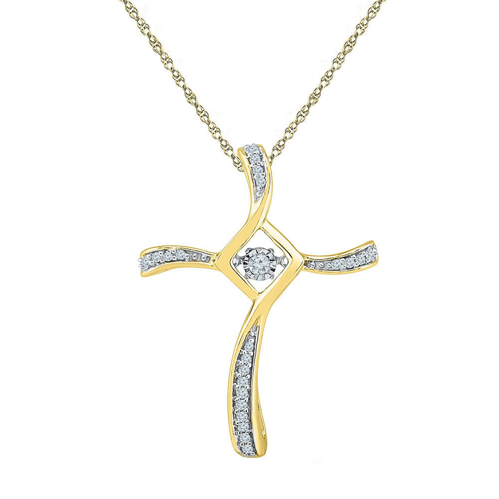 10kt Yellow Gold Womens Round Diamond Moving Twinkle Cross Faith Pendant 1/8 Cttw