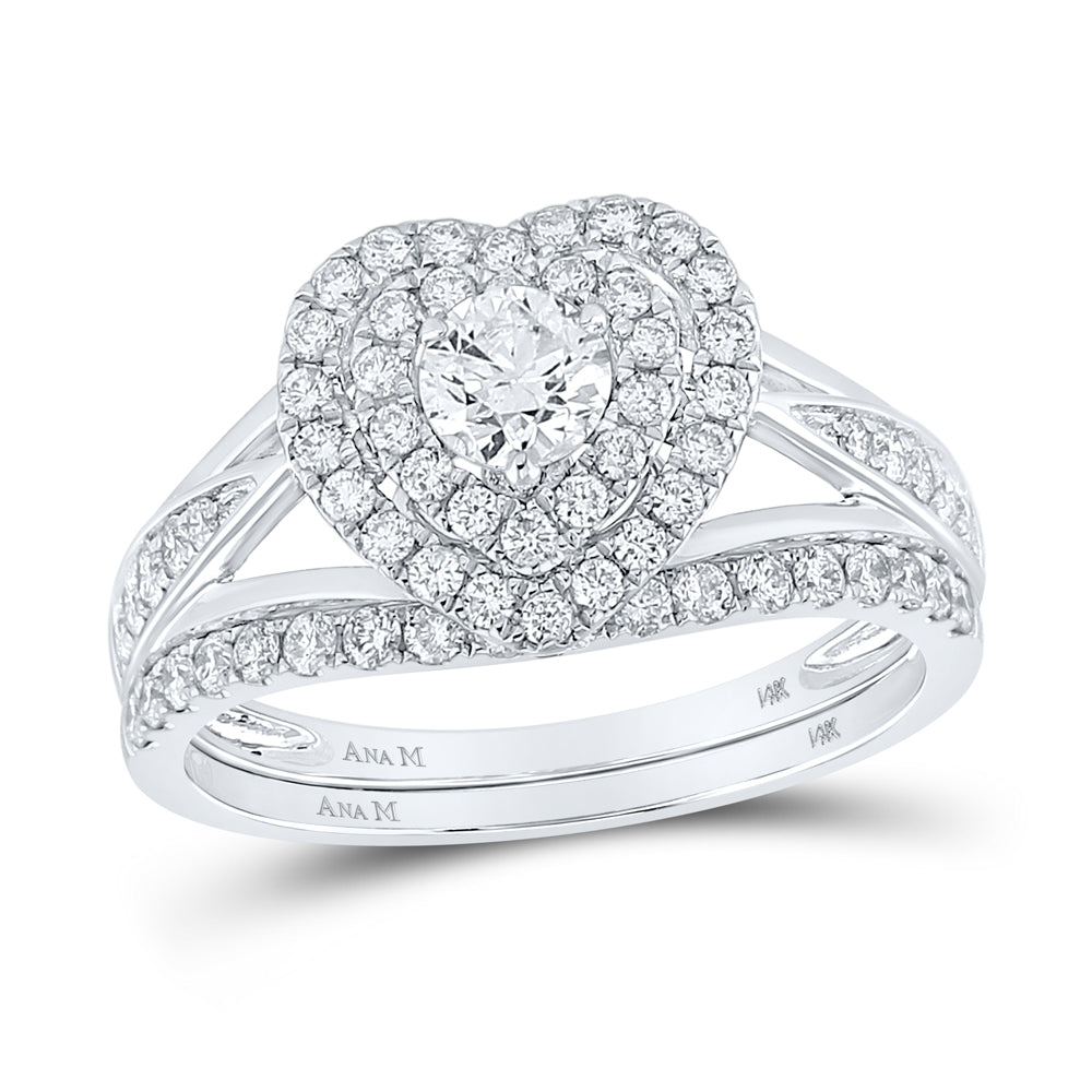 14kt White Gold Womens Round Diamond Heart Bridal Wedding Engagement Ring Band Set 1.00 Cttw