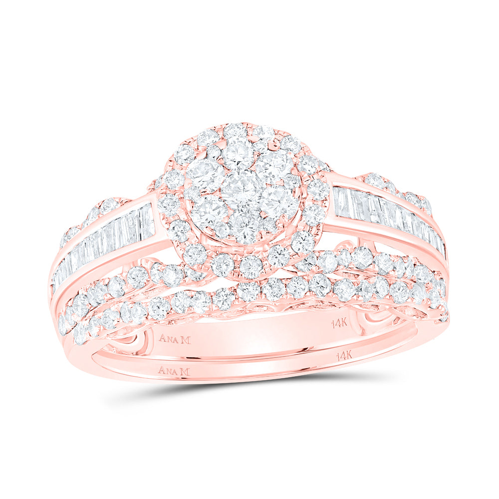 14kt Rose Gold Womens Round Diamond Cluster Bridal Wedding Engagement Ring Band Set 1-1/3 Cttw