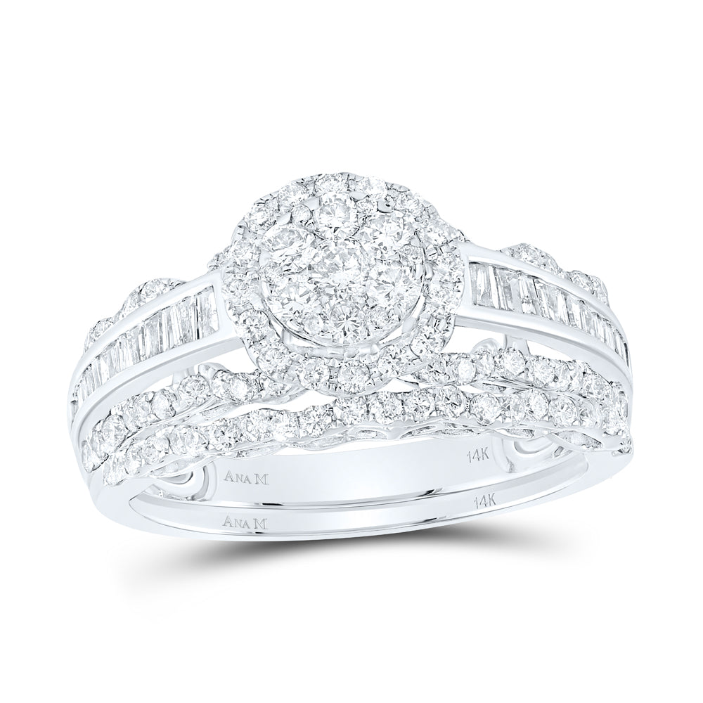 14kt White Gold Womens Round Diamond Cluster Bridal Wedding Engagement Ring Band Set 1-1/2 Cttw