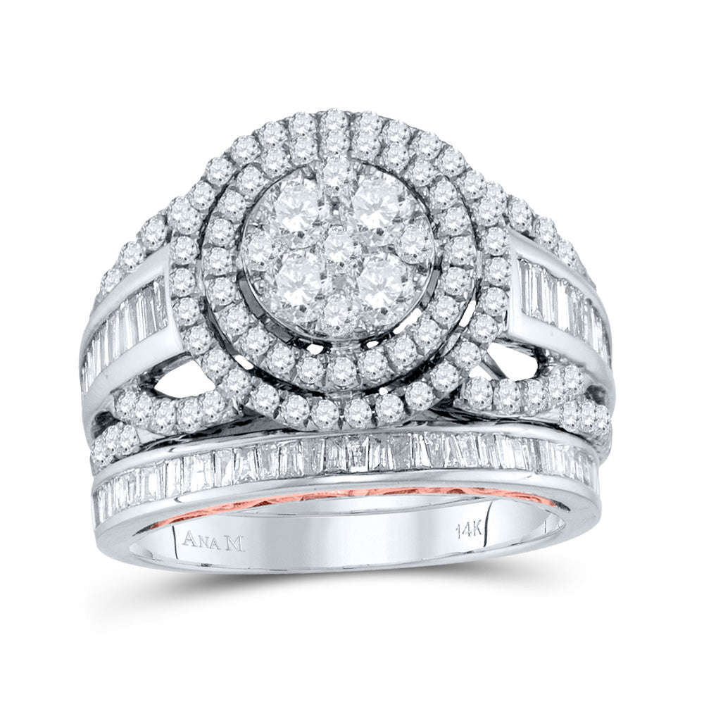 14kt Two-tone White Rose Gold Womens Round Diamond Halo Bridal Wedding Engagement Ring Band Set 1-7/8 Cttw
