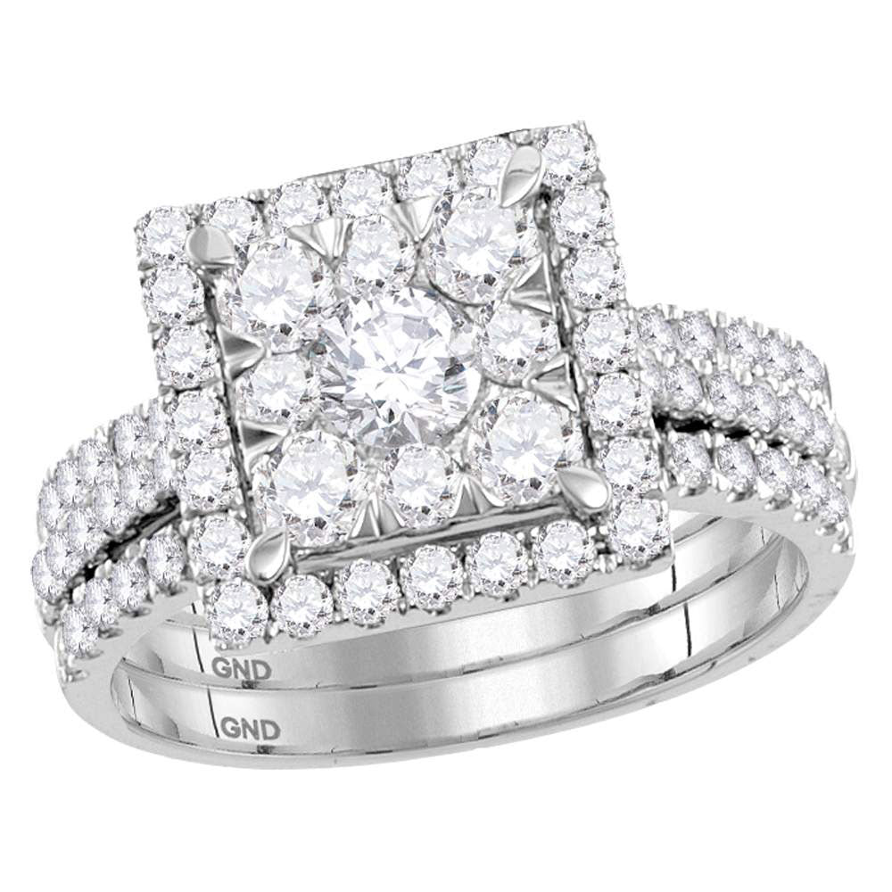 14kt White Gold Womens Round Diamond Square 3-Piece Bridal Wedding Engagement Ring Band 3-Piece Set 2.00 Cttw