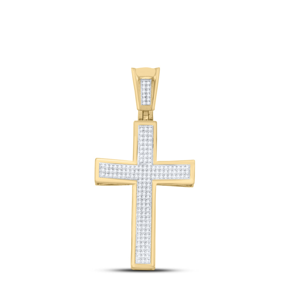 10kt Yellow Gold Mens Round Diamond Concave Cross Charm Pendant 1/2 Cttw
