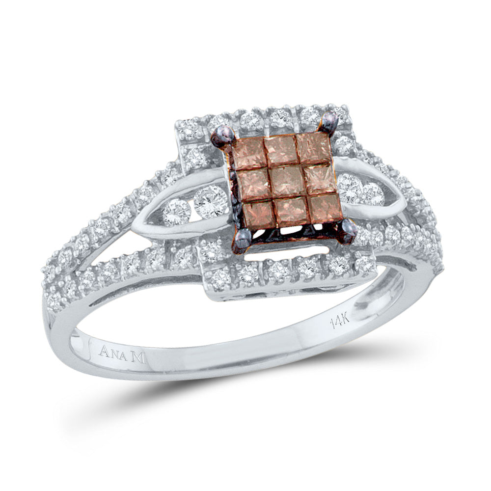 14kt White Gold Womens Princess Brown Diamond Square Cluster Ring 1/2 Cttw