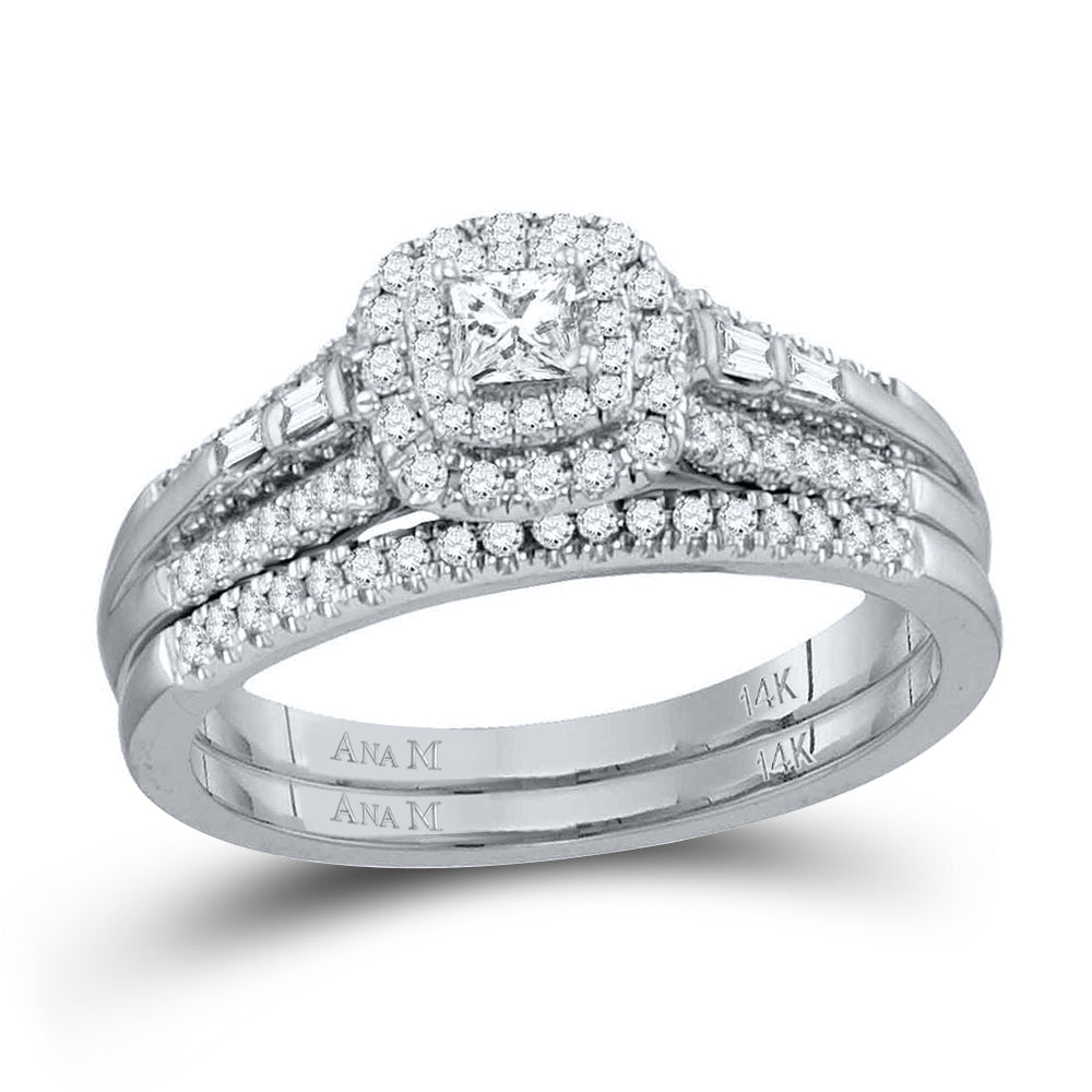 14kt White Gold Womens Princess Diamond Bridal Wedding Engagement Ring Band Set 1/2 Cttw