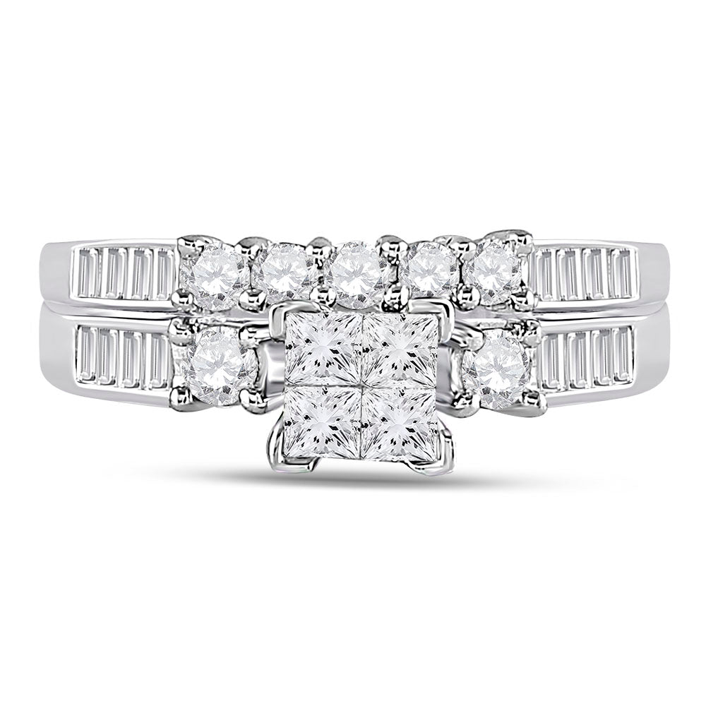 10kt White Gold Womens Princess Diamond Bridal Wedding Engagement Ring Band Set 1.00 Cttw Size 9