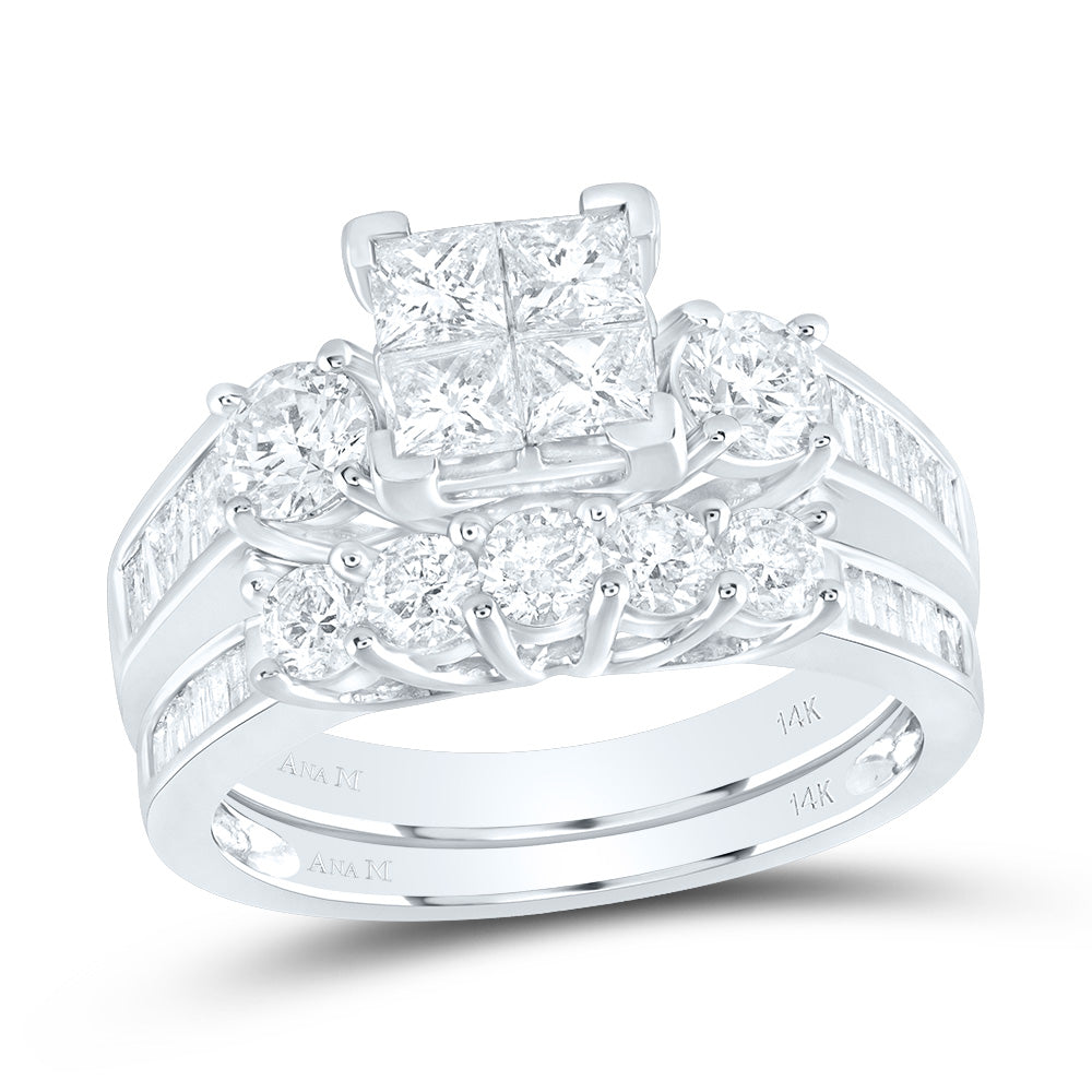 14kt White Gold Womens Princess Diamond Cluster Bridal Wedding Engagement Ring Band Set 2.00 Cttw