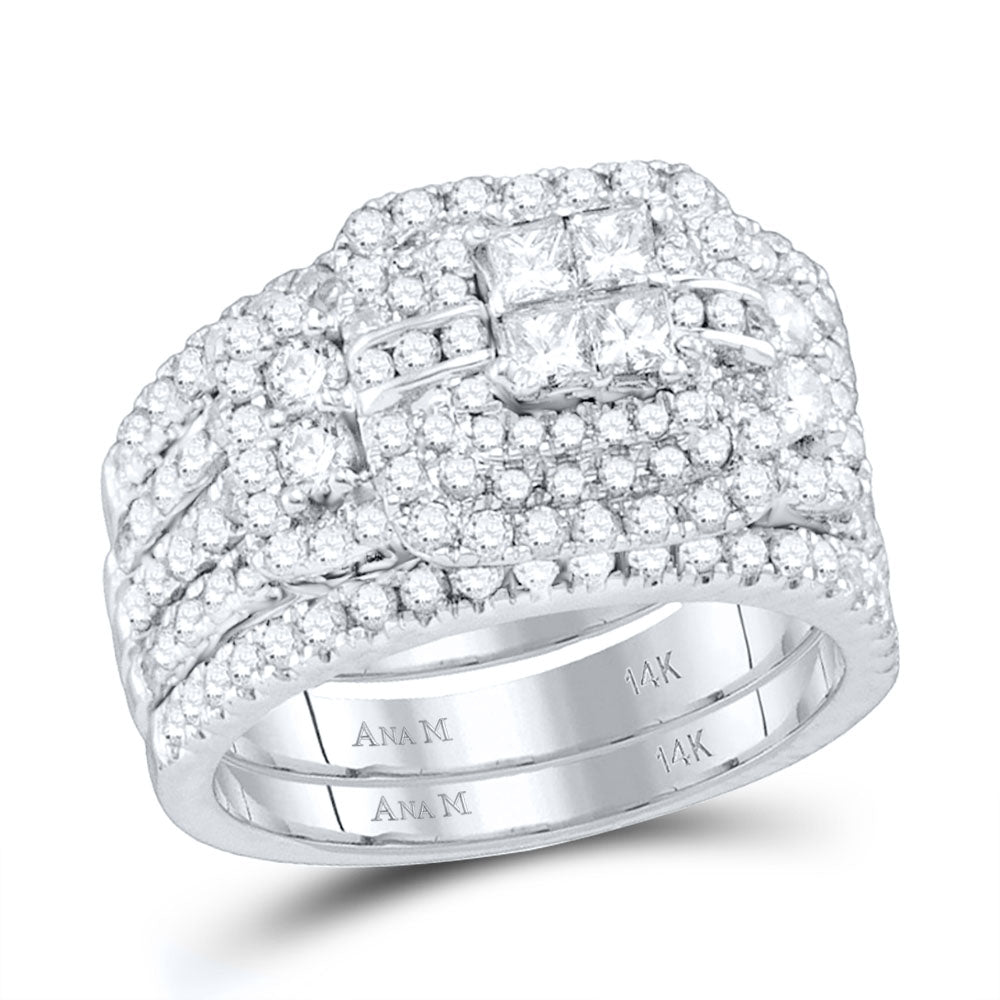 14kt White Gold Womens Diamond Cluster Wedding Bridal Ring Set 2.00 Cttw