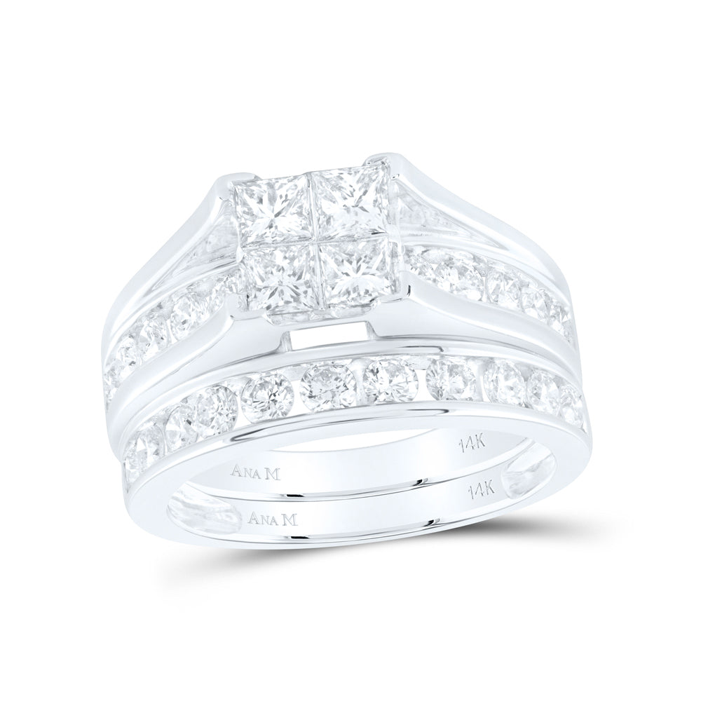 14kt White Gold Womens Princess Diamond Bridal Wedding Engagement Ring Band Set 2.00 Cttw