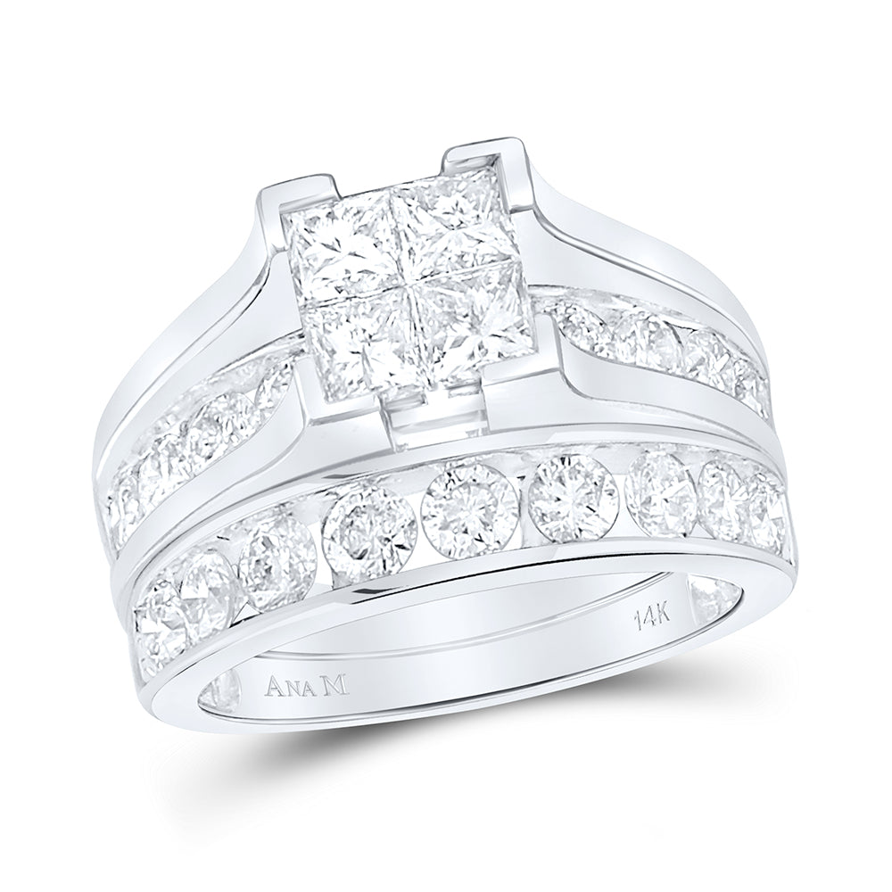 14kt White Gold Womens Princess Diamond Bridal Wedding Engagement Ring Band Set 3.00 Cttw