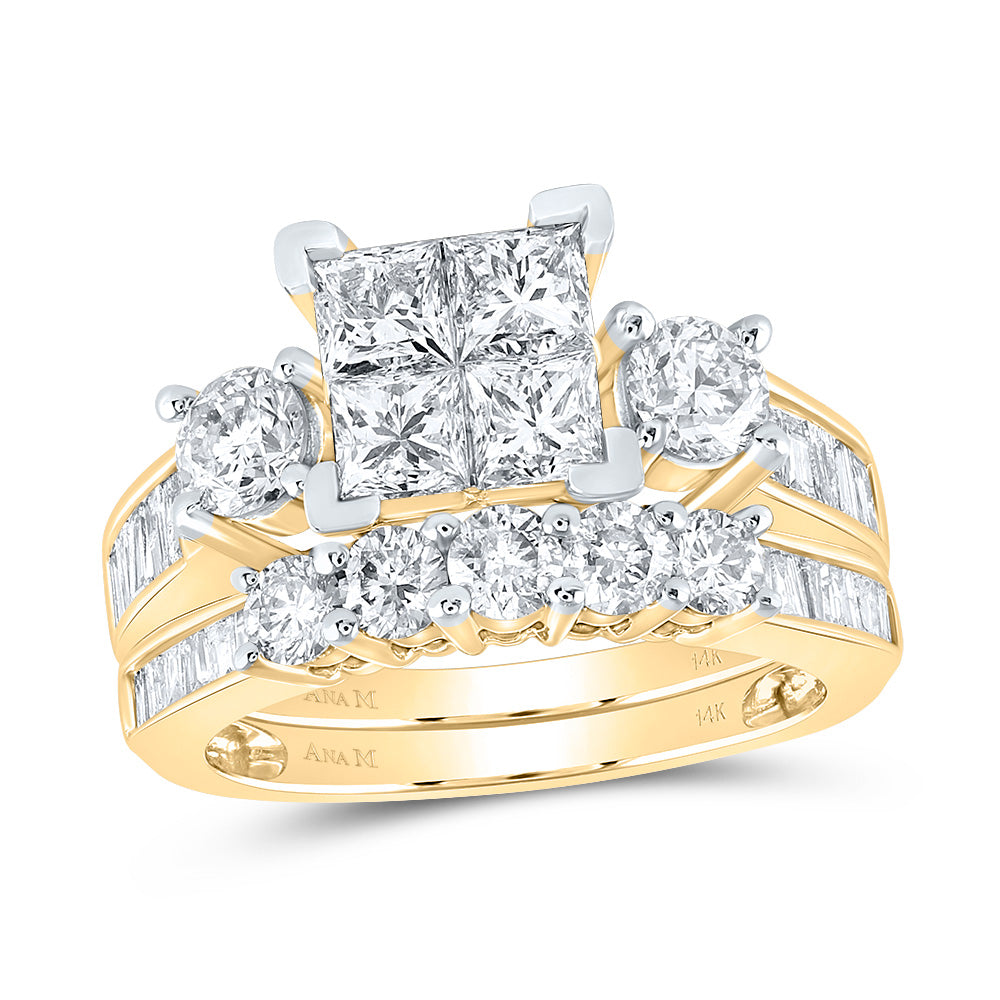 14kt Yellow Gold Womens Princess Diamond Bridal Wedding Engagement Ring Band Set 3.00 Cttw