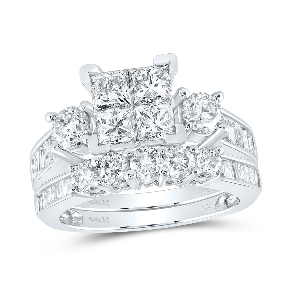10kt White Gold Womens Princess Diamond Bridal Wedding Engagement Ring Band Set 3.00 Cttw