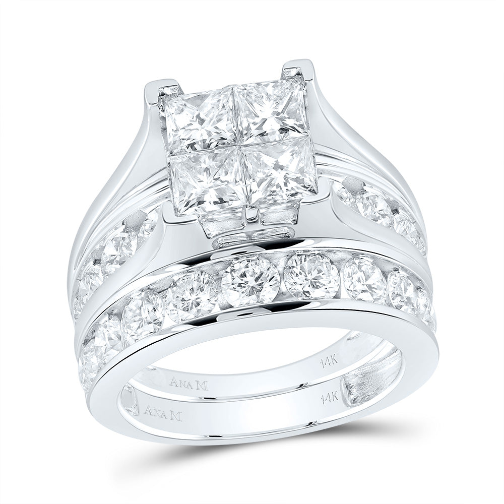 14kt White Gold Womens Princess Diamond Bridal Wedding Engagement Ring Band Set 5.00 Cttw